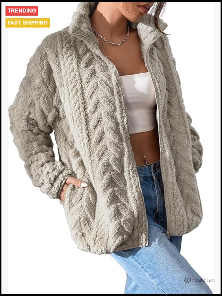 Winter Fleece Jacket Zip Up Stand Collar Casual Coats With Pockets